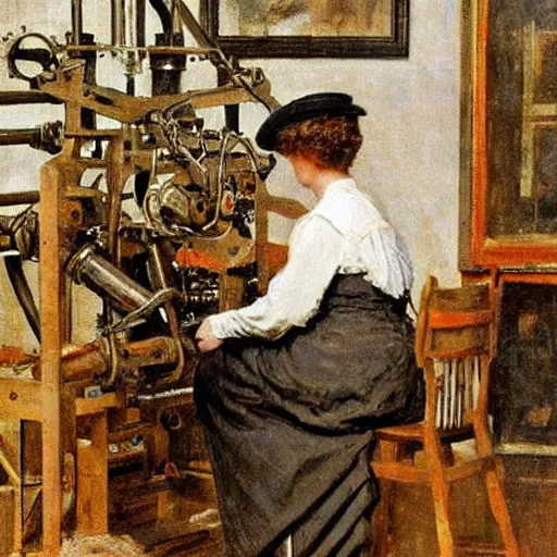 Image similar to edwardian engineer working on a complicated machine, painting by alfred stevens