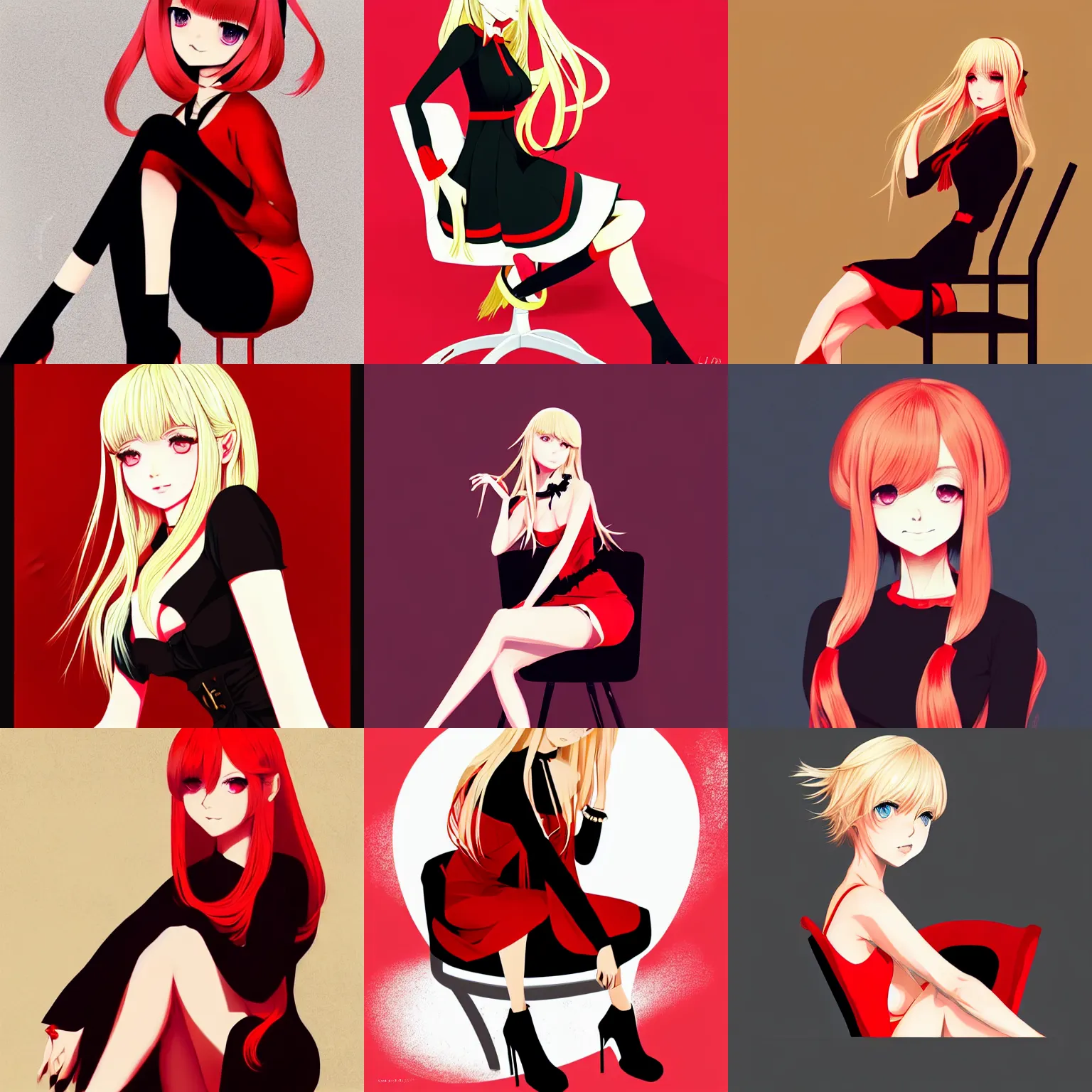 Prompt: sexy girl with long blonde hair, wearing an elegant dress, sitting in a chair, red and black color palette, in the style of and ilya kuvshinov, high quality anime artstyle, intricate