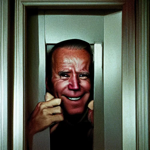 Image similar to A close-up portrait of Joe Biden's manic crazy face peeking through a hole in a door, film still from The Shining by Stanley Kubrick, Eastman Color Negative II 100T 5247/7247, ARRIFLEX 35 BL Camera