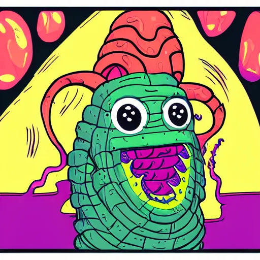 Prompt: pop - wonder - nft alien - meat half - tone - art of a humanoid dragon - man wading through the goopy - muck and slithering about the castle side delights on a melted cheesy day in a hand - drawn vector, svg, cult - classic - comic - style