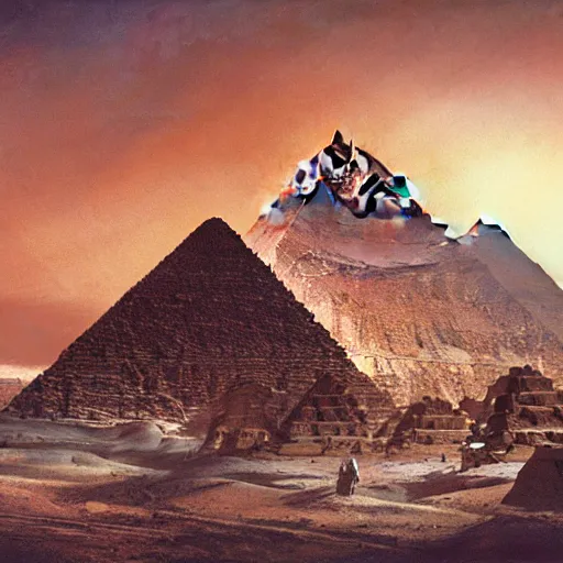 Prompt: the aliens building the pyramids, mysterious, ominous, eerie, craig mullins