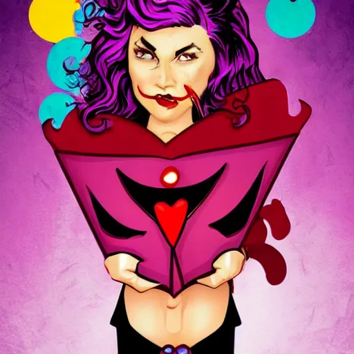 Image similar to vampire woman with purple hair and a red cape shopping for Halloween pumpkins, retro sci Fi pop art,