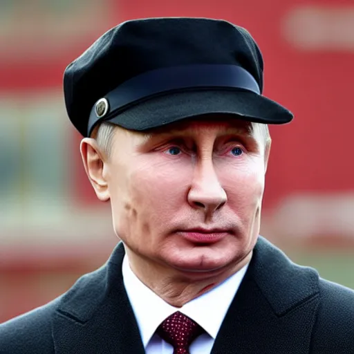 Image similar to putin wearing a black leather hat, front view, cool looking