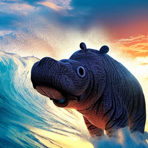 Image similar to a closeup photorealistic photograph of a cute smiling knitted tiger hippopotamus riding an epic wave at sunset. surf in the background. professional capture. brightly lit scene. this 4 k hd image is trending on artstation, featured on behance, well - rendered, extra crisp, features intricate detail, epic composition and the style of unreal engine.