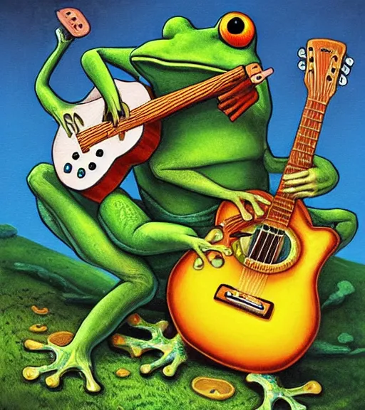 Image similar to a frog playing guitar on a hallucinogenic mushroom justin gerard