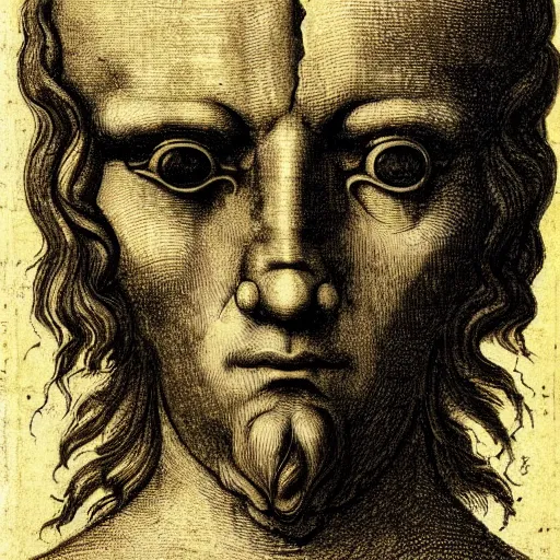 Image similar to head with four faces creature, drawn by da vinci