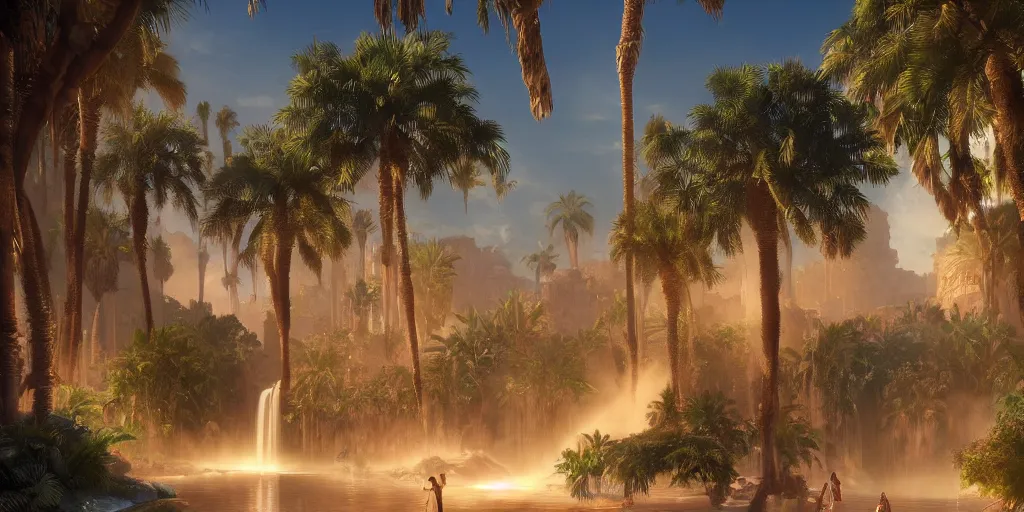 Image similar to beautiful oasis waterfalls surrounded by palm trees moroccan tile archways, date trees, ivory towers sunset peter morbacher ross tran angelarium greg rutkowski alchemy luxury heavenly light soft illumination, trending on artstation cinematic lighting digital painting octane render, artgerm