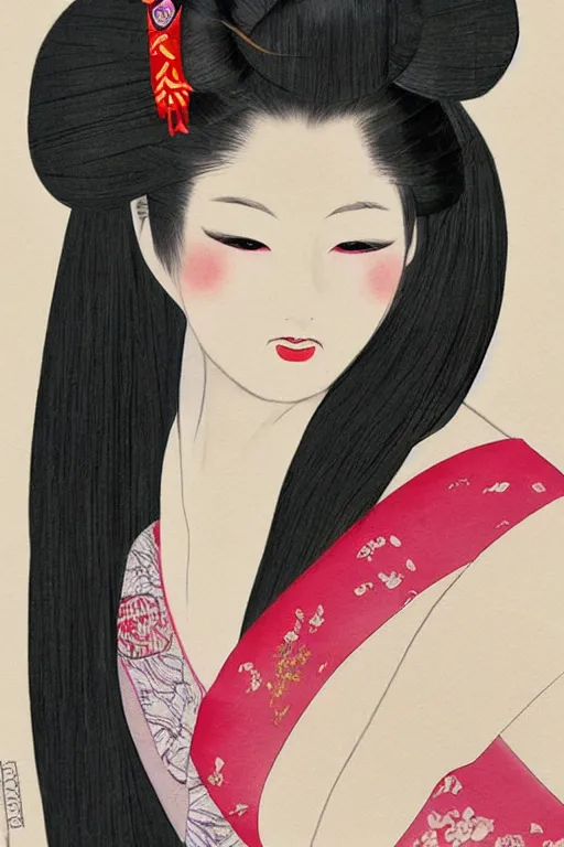 Image similar to extremely sensual geisha full body, one uncovered shoulder, different point of view, digital art, 8k, character, realistic, portrait, photorealism, japan watercolour, masterpiece art