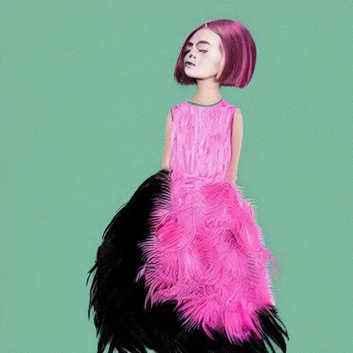 Image similar to little girl with an pink bizarre haircut wearing an dress made of black feathers, artwork made in art style ilya kushinov