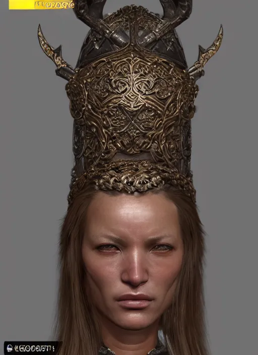 Prompt: frontal portrait of beautiful female, hyper realistic, sweat on face, glorious ancient viking assassin designed by makoto kobayashi and luca zampriolo, portrait, sexy style, wood and gold details, intricate, extremely detailed, ornate, deep of field, hard surface, exoskeleton, substance designer metal unreal engine. amazing likeness. very detailed.