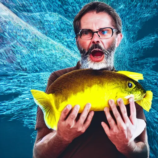 Prompt: A photo of a suprised man holding the world's mos yellow fish, realistic, ultra high detail, 8k.