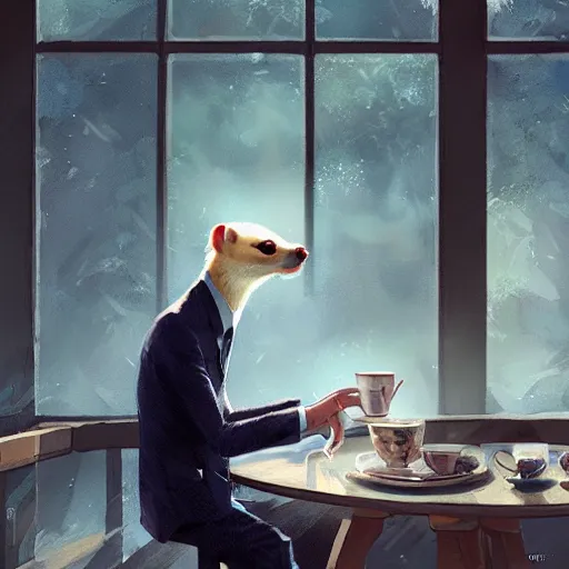 Image similar to a weasel in a suit was drinking tea, surrounded by tea houses ambient lighting, 4 k, russ mill, rossdraws, wenjun lin, jung gi kim, artstation