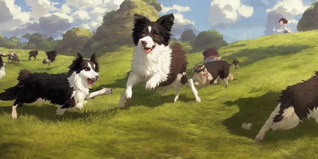 Prompt: border collie chasing sheep on feld nime key visual of luffy studio lit directed gaze, trending on pixiv fanbox, painted by greg rutkowski makoto shinkai takashi takeuchi studio ghibli