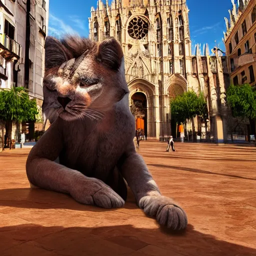 Image similar to A wild humanoid Puma holding a fresh beer with its paws in the city centrum from Palma de Mallorca with Palma Cathedral in the background, highly detailed, octane render