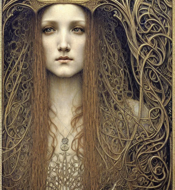 Image similar to detailed realistic beautiful young medieval queen face portrait by jean delville, gustave dore and marco mazzoni, art nouveau, symbolist, visionary, gothic, pre - raphaelite. horizontal symmetry