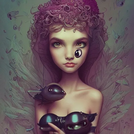 Image similar to Lofi portrait with a small creature, Pixar style by Joe Fenton and Stanley Artgerm and Tom Bagshaw and Tim Burton