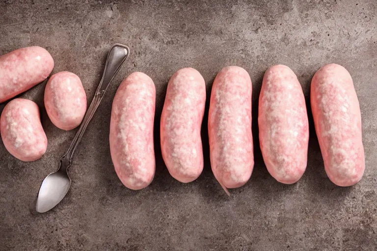 Image similar to cream filled and pink frosted uncooked sausages, studio lighting, photorealistic