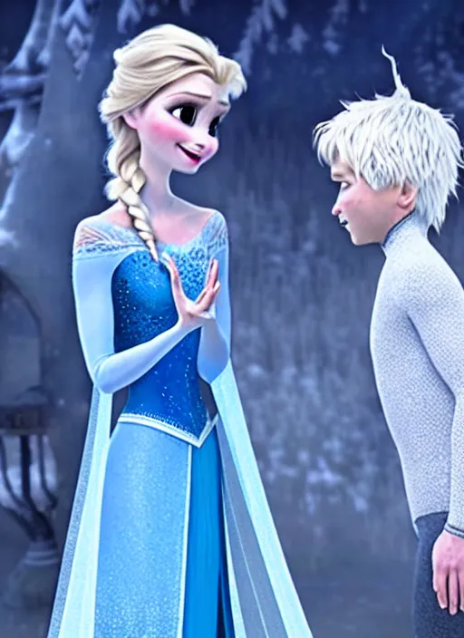 Prompt: Elsa from Frozen having a conversation with Jack Frost from Rise of the Guardians