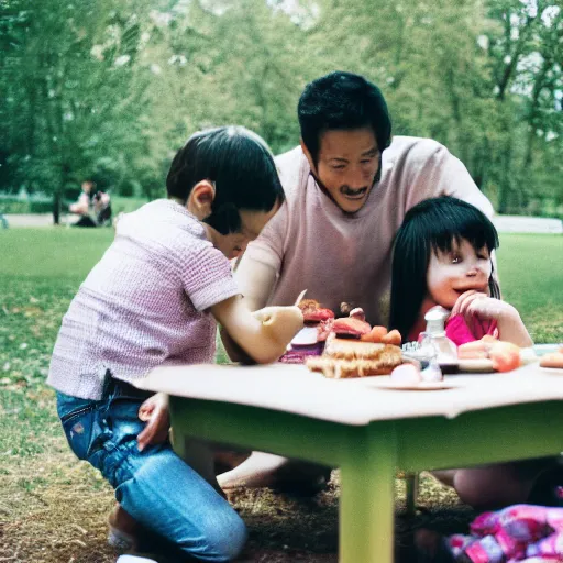 Prompt: A family having a picnic in park from the perspective of an ant on the table - 35mm