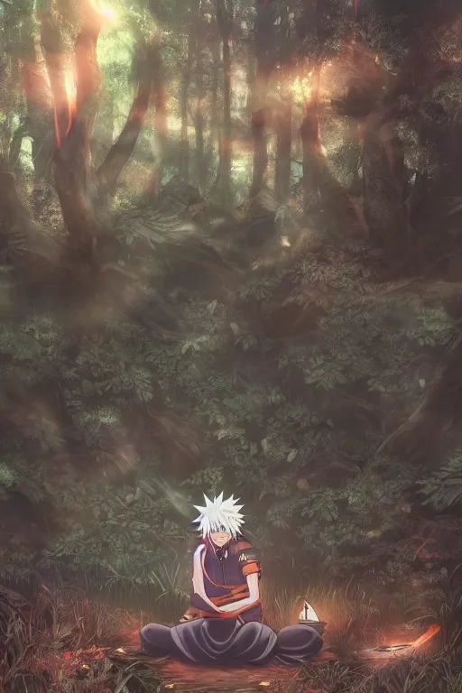 Image similar to photorealistic dark fantasy concept art of Naruto meditating in a forest, dynamic lighting, stunning visuals, realism, cinematic, hyper detailed, ultra detailed, beautiful visuals and sunset