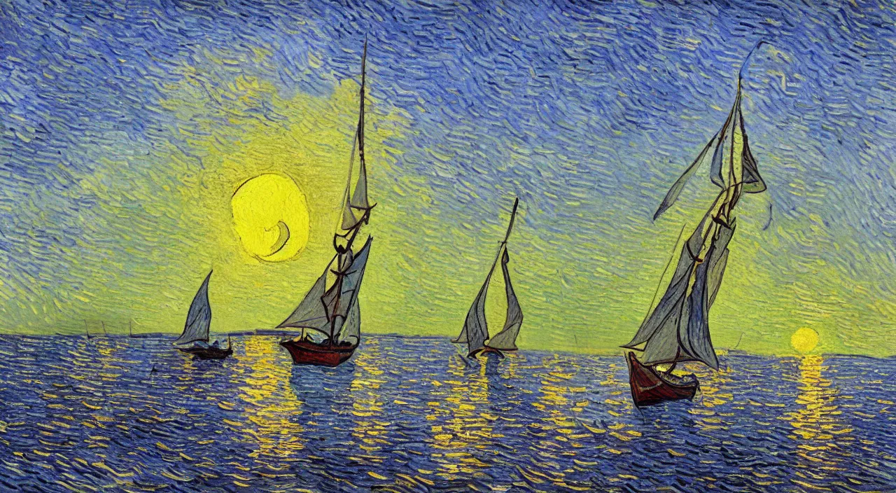 Image similar to detailed oil painting of sailing boat, sailing towards the rising sun, calm ocean, sunset lighting, clear blue sky, impressionist painting by vincent van gogh illustration, digital art, concept art