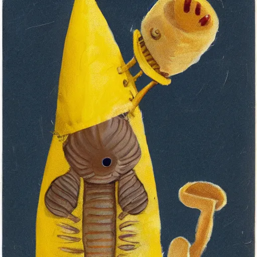 Image similar to caterpillar with galoshes and a dunce cap