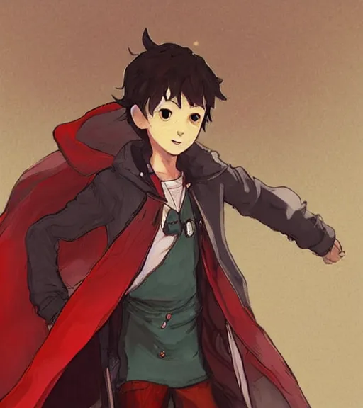 Image similar to attractive little boy character inspired in little red riding hood and venti from genshi impact, digital artwork made by akihiko yoshida and makoto shinkai