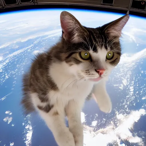 Prompt: Photo of a cat floating inside the International Space Station, realistic award-winning