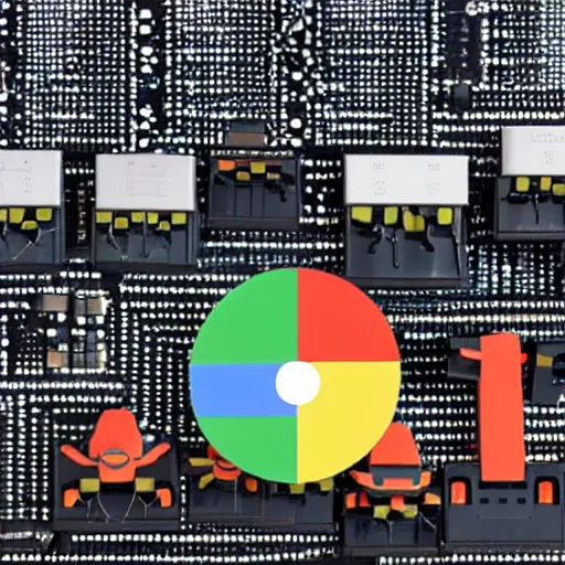 Image similar to new google logo design of a computerized robot with lots of cables and tools