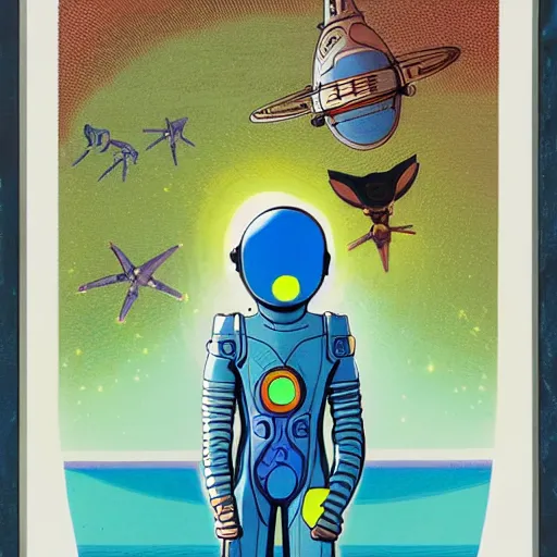 Image similar to a portrait of pilot alien symbiotic in spacesuit on field forrest spaceship station landing laying lake artillery outer worlds in FANTASTIC PLANET La planète sauvage animation by René Laloux