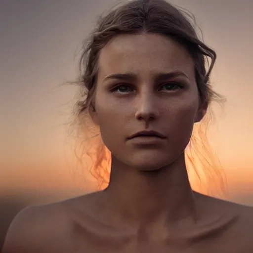 Image similar to portrait of a stunningly beautiful emotional female in soft light at sunset, depth of field, zeiss lens, detailed, symmetrical, centered, fashion photoshoot, by annie leibovitz and steve mccurry, david lazar, jimmy nelsson, breathtaking, 8 k resolution, extremely detailed, beautiful, establishing shot, artistic, hyperrealistic, beautiful face, octane render