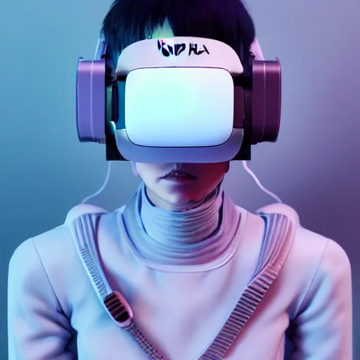 Image similar to intense futuristic bespoke vr headset respirator on a set of twin ninja hypebeasts, by ilya kuvshinov and james jean and sorayama and ikeuchi and hiroya oku and gilleard james, artstation trending, 8 k, 3 d render, photorealistic, volumetric lighting caustics, lilac