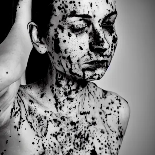 Prompt: a person bathing in ink, portrait photography
