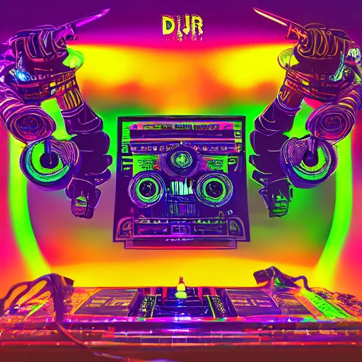 Image similar to album art for a dj, the album is called : dj roborock, big letters dj roborock, 3 steampunk robot heads with robot arms on a dj desk with a cd mixer, 8 k, fluorescent colors, halluzinogenic, multicolored, exaggerated detailed, front shot, 3 d render, octane