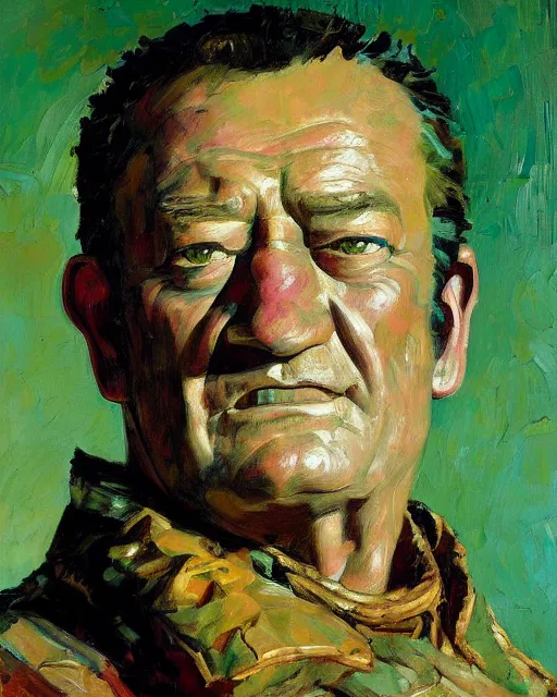 Prompt: painterly portrait, john wayne as a cowboy, impasto, fantasy, chuck close:7, carl spitzweg:7, cinematic light, full face, symmetrical face