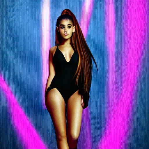 Image similar to Ariana grande, photograph, black background, swimsuit, posing, new song, 4k photo, famous photograph