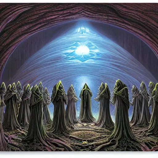 Image similar to a dark cabal of hooded elven mystics gathered in a circular formation around highly advanced alien computer technology processing the souls of the dead, dan seagrave art, michael whelan