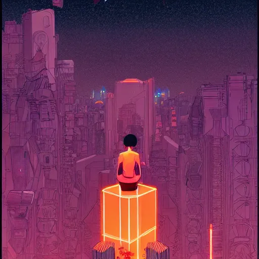 Image similar to Stunningly intricate illustration of a cyberpunk explorer meditating next to a floating triangular glowing monolith, highly detailed, midnight, by Victo Ngai and James Gilleard , Moebius, Laurie Greasley