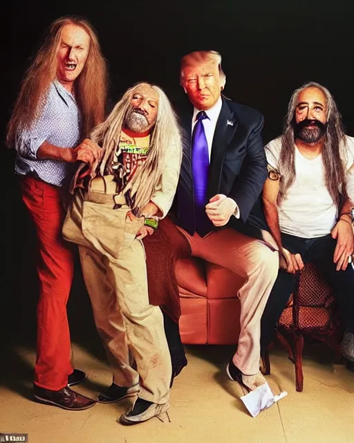 Image similar to donald trump with long hippie hair, smoking cannabis, photographed with cheech and chong in the style of annie leibovitz, studio lighting