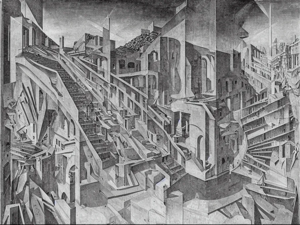Prompt: The wise serpent knows the secret infinite stairs. Brutalist, doomed deserted industrial city. Solar flares. Piero della Francesca Rene Magritte, Jean Delville, Max Ernst, Escher