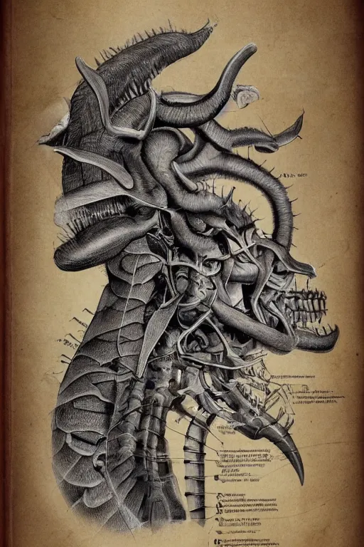 Prompt: anatomical encyclopedia illustration of a chimera, photorealistic, diagram, intricate details