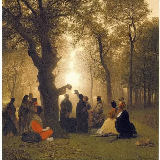 Image similar to Experimental art. a group of people gathered around a large tree in a forest. The tree is surrounded by a bright light, and the people appear to be looking up at it in wonder. pear, cream by Eastman Johnson forbidding, atmospheric