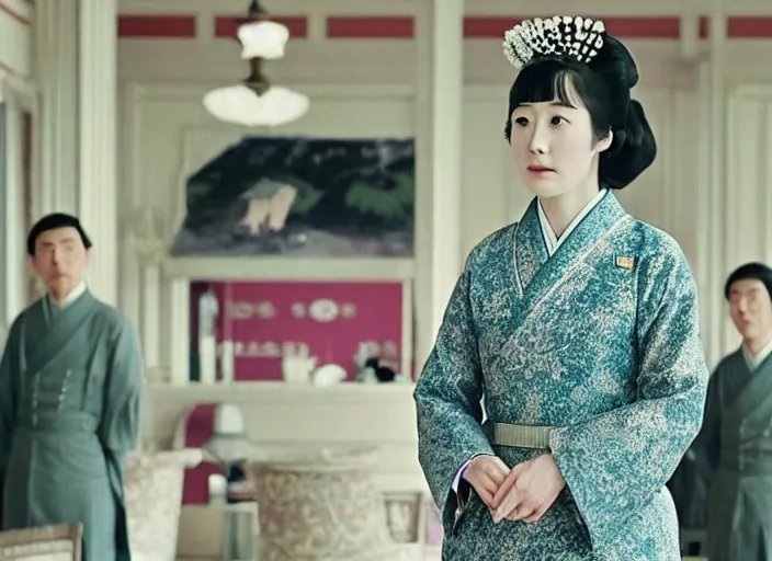 Image similar to a film still of a japanese princess young lady called kamisato ayaka, with white hair and bangs!!!! in the grand budapest hotel ( 2 0 1 4 )