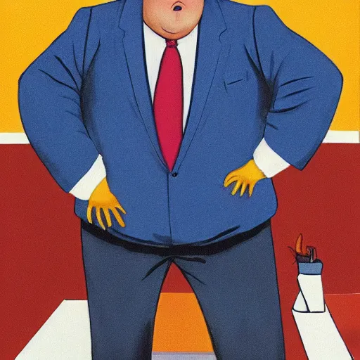 Prompt: color photo of a tall, angry, obese man in his mid 7 0's, with blonde hair and an orange face, wearing a dark blue suit, a white shirt, and a red tie