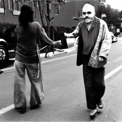 Prompt: Charles Manson helping an old lady crossing the road