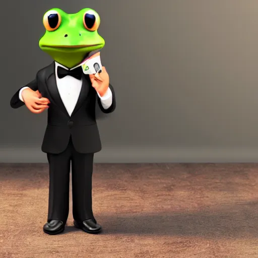 Prompt: a frog in a tuxedo suit holding a suitcase, octane render, hyperrealistic, 8K, 3D