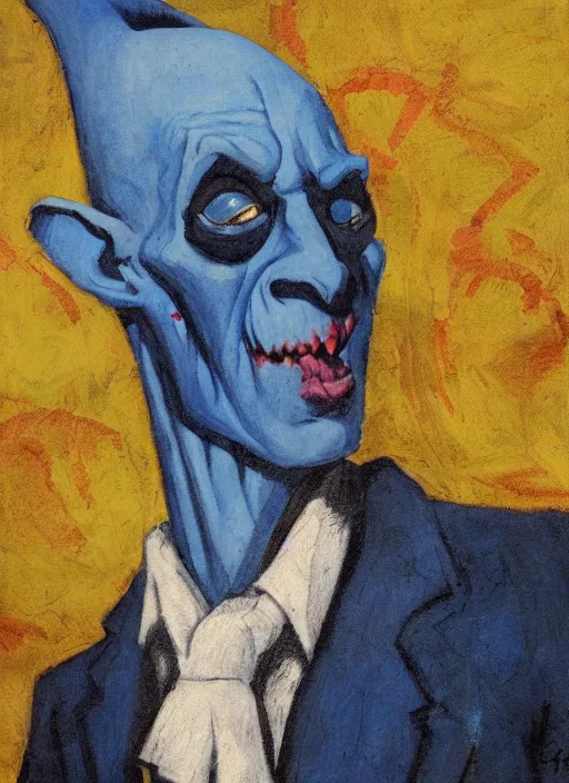 Prompt: upper body portrait of blue-faced nosferatu in a suit, english countryside in the background, sunny day, by dean cornwell