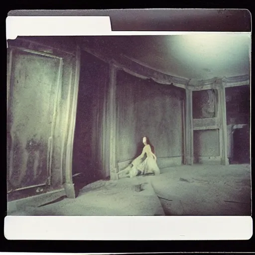 Image similar to polaroid by andrei tarkovsky and stephen gammell, surreal vogue photo shoot inside ruined theater, rim light, shot at night with studio lights, liminal space, photorealistic, high definition, technicolor, award - winning photography, masterpiece, amazing colors,