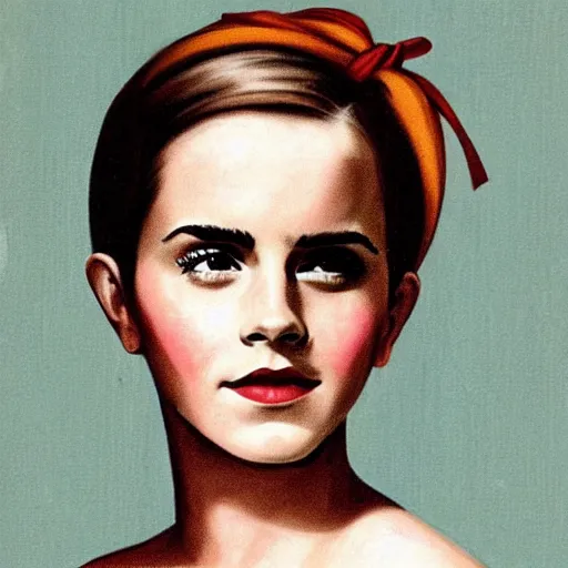 Prompt: “Emma Watson portrait, color vintage magazine illustration 1950”