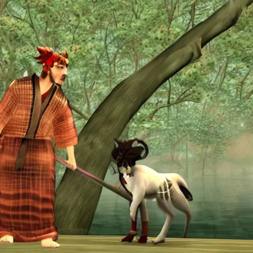 Image similar to Screenshot of the Markiplier character in the Playstation 2 game Okami. HDR, 4k, 8k, Okami being petted by Markiplier, who is looking at the camera.